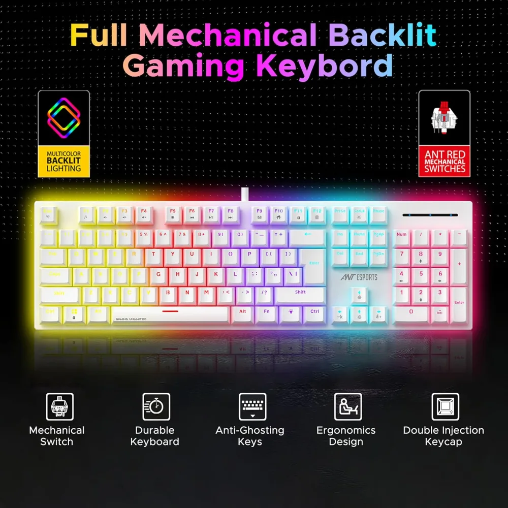 Ant Esports USB Gaming Keyboard Mechanical MK3400 Pro V3 RGB White Red Switch view 3